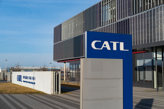 Advertising banner CATL Contemporary Amperex Technology Limited electric vehicle battery manufacturer, sustainable development Innovation in Battery Technology, Arnstadt, Germany - February 05, 2024