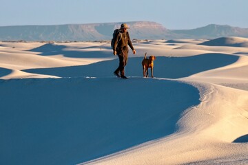 Man and his dog walking on white sand dunes in White Sands. Alamogordo. New Mexico. USA