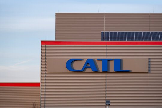 Advertising banner CATL Contemporary Amperex Technology Limited electric vehicle battery manufacturer on facade building, sustainable development in Technology, Arnstadt, Germany - February 05, 2024