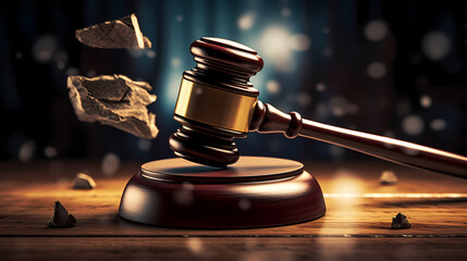 Close-up of gavel on judge's table with golden details symbolizing law, justice and court authority