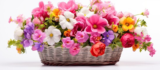 A basket is overflowing with a variety of vibrant and colorful flowers, creating a striking display against a white background. The flowers are neatly arranged in the basket, showcasing their
