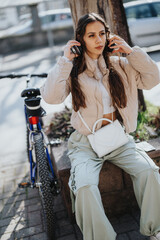 Stylish urban woman relaxing with her music, sitting by her bike on a sunny day in the city, capturing a moment of leisure.