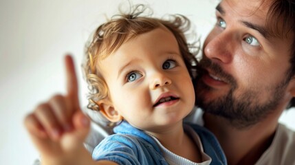 Close-up of the father and his toddler son exploring together, with the father pointing out interesting things or explaining concepts, against a white background, generative AI