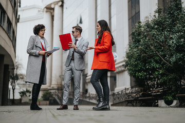 Dynamic business partners engaging in a discussion outdoors, with documents in hand near an office building.