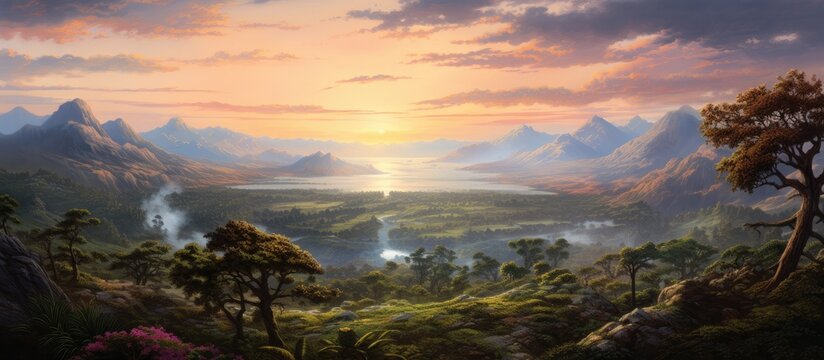 A stunning painting depicting a vibrant sunset over jagged mountain peaks, with warm hues blending into the sky as the sun dips below the horizon. The mountains stand tall and rugged against the