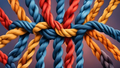 Team rope diverse strength connect partnership together teamwork unity communicate support. Strong diverse network rope team braid color background cooperation empower power - obrazy, fototapety, plakaty