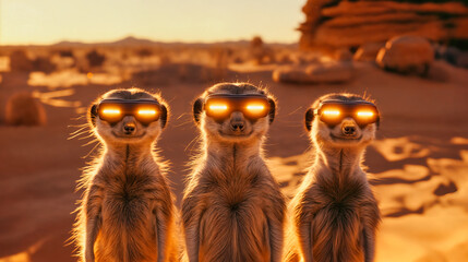 three meerkat wearing VR glasses, standing in the desert, funny animal concept - 751046780