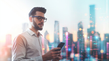 Handsome young businessman using smartphone on abstract city background with digital business chart. Technology and analytics concept. - obrazy, fototapety, plakaty