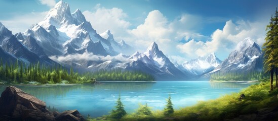 A painting depicting a mountain lake nestled among lush green trees. The towering peaks of the mountains frame the serene lake, reflecting the clear blue sky above. - Powered by Adobe