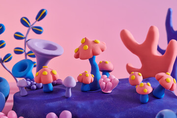 Minimal scene with clay plasticine coral and podium