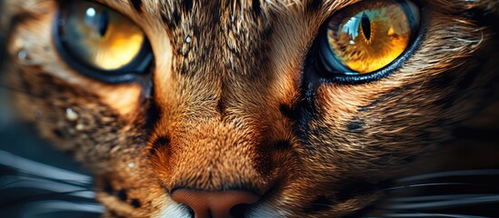 This close-up shot captures a cats face in detail, showcasing its striking yellow eyes. The felines features are prominent, with a focus on its intense gaze and facial expressions. - obrazy, fototapety, plakaty
