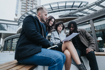 A multicultural group of business people engaged in a discussion while reviewing papers outdoors, with city buildings in the background.