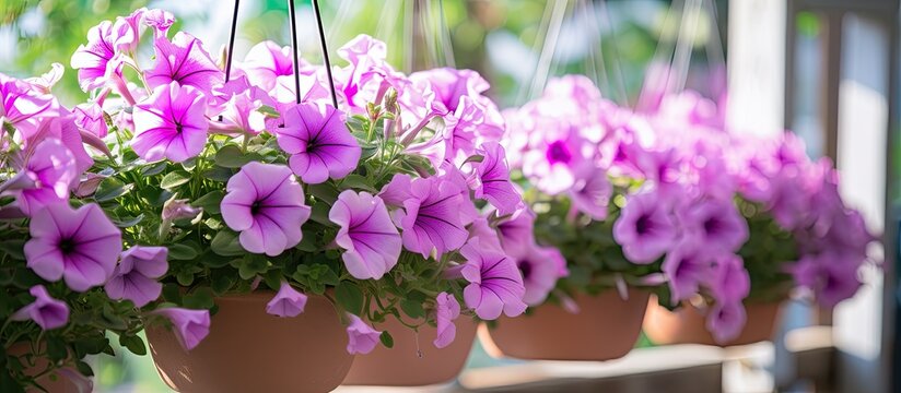 A row of hanging flower pots, each filled with vibrant purple petunia flowers, adds a pop of color to the veranda at the Gazebo Cafe. The soft focus photo captures the beauty of these blooming plants
