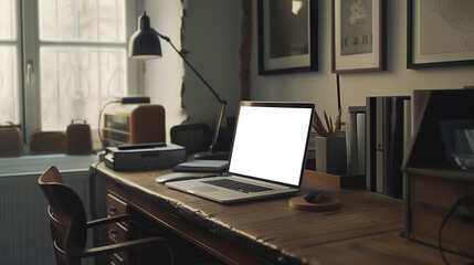 A laptop is on a desk in a room with a window. The room is well lit and has a cozy atmosphere
