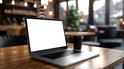 A laptop is open on a wooden table with a cup of coffee next to it. The scene is set in a cafe, with a potted plant in the background. The laptop is displaying a blank screen