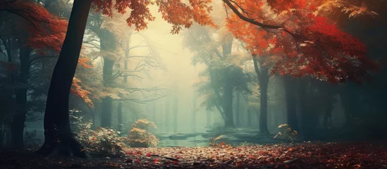 Foto op Canvas A dense autumn forest is depicted, featuring numerous trees covered with vibrant leaves. The scene conveys the essence of autumn with a multitude of leaves on the ground and trees in the background. © Elture