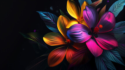 Black background with colorful layers. Luxurious background with colorful flower shapes.