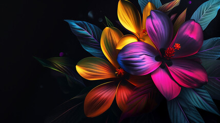 Fototapeta premium Black background with colorful layers. Luxurious background with colorful flower shapes.