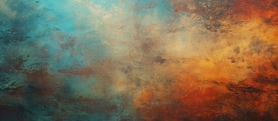 The painting showcases a bold color scheme of blue, orange, and yellow. The colors blend harmoniously, creating a visually striking composition. The brushstrokes and layers of paint add depth and - obrazy, fototapety, plakaty
