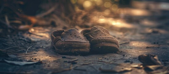 This image showcases a pair of faded, grimy, and time-worn slippers placed on the ground. The shoes appear old and well-used, adding a sense of wear and tear to the scene.