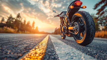 A motorcycle parking on the road side and sunset, select focusing background - obrazy, fototapety, plakaty