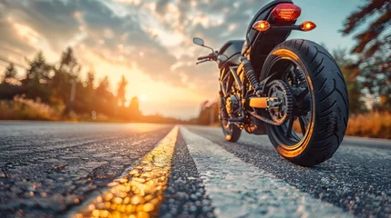 Foto op Aluminium A motorcycle parking on the road side and sunset, select focusing background © Nijieimu
