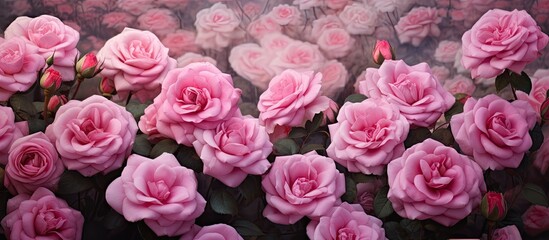 Naklejka premium A cluster of pink roses are in full bloom, showcasing vibrant petals and green leaves. The flowers are surrounded by more roses, all in various stages of blooming.