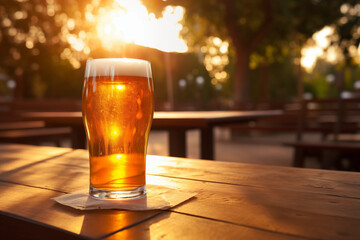 a beer sitting on a table at a packed outdoor bar