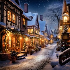 Digital painting of a winter street in the town of Alsace, France