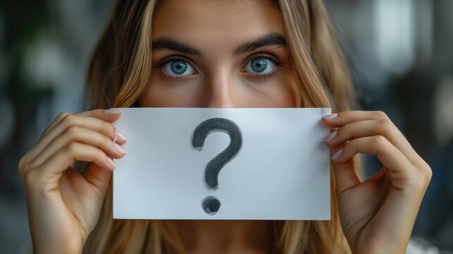 Girl holding a signboard with a question mark. Created with Generative AI.