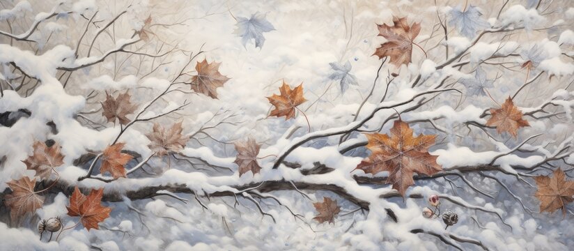 The painting depicts brown leaves and branches covered in a layer of glistening snow, creating a serene winter scene. Snowflakes and graupel add a touch of magic to the natural setting.