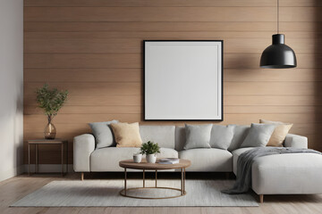 Modern Art Showcase: Mockup of Living Room Wallpaper Posters in Modern Interior Decorated with ISO A Paper Size Frame Mockup generative ai