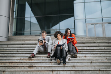 Three business associates engaged in discussion while sitting on steps outside an office building,...