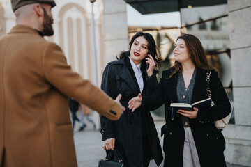 Two businesswomen encountering a businessman who is extending a handshake, with one of the women engaged on a phone call.