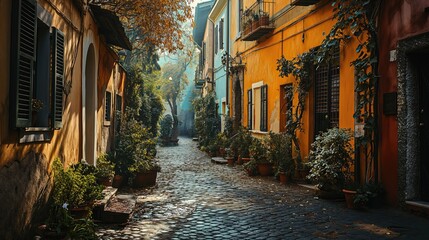 Cozy street in Trastevere, Rome, Europe. Created with generative AI. - obrazy, fototapety, plakaty