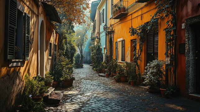 Fototapeta Cozy street in Trastevere, Rome, Europe. Created with generative AI.