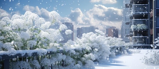 Fototapeta na wymiar Large snowflakes are falling around the tall buildings of a city. The cold-resistant plants, such as geraniums and parsley, stand out against the sudden snowfall and freezing temperatures.