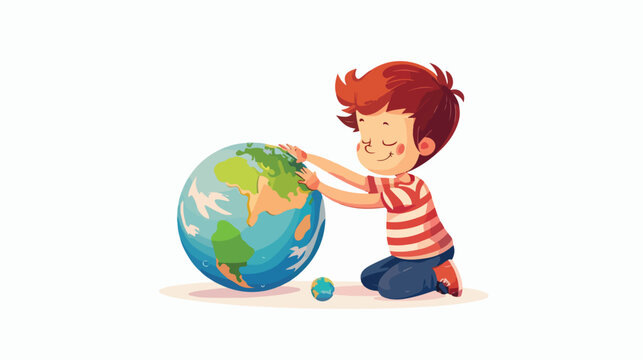 Kid playing with planet earth isolated on white back