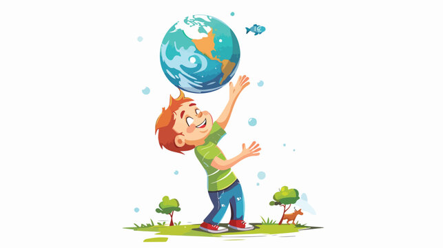 Kid playing with planet earth isolated on white back