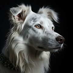 An elegant white dog with a hypnotic gaze in a sophisticated portrait