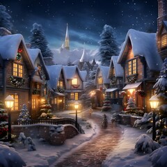 Christmas and New Year night in the village with houses and trees covered with snow