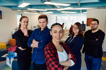 Portrait of a successful creative businessman and businesswoman looking at camera and smiling. Diverse business people standing together at startup.