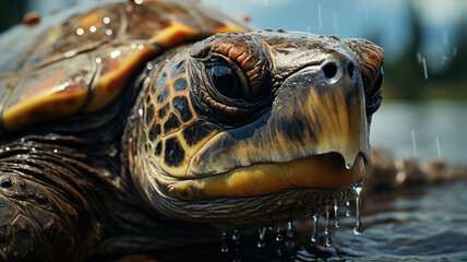 Close-up of a serene turtle with glistening water droplets on its shell