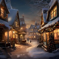 A winter night in a small village with Christmas trees and houses.