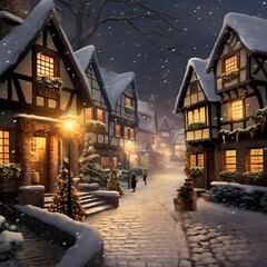 Christmas and New Year holidays background. Winter village at night with Christmas decorations.