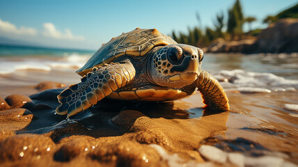 A sea turtle makes its way across the sandy beach as the sun rises