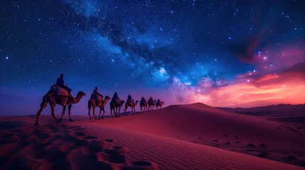 Foto op Canvas A group of camels are walking across a desert at night under milky way vista. The sky is filled with stars. The scene is peaceful and serene, with the camels and the stars creating a sense of wonder © Mrt