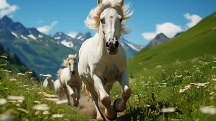 White horses galloping freely through a lush mountain meadow - 751050997