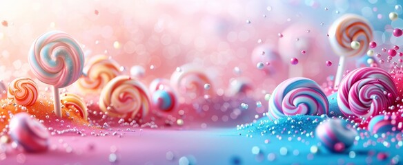 Magical landscape of swirling lollipops and sugar beads with a sparkling, bokeh effect on a gradient pink and blue background.