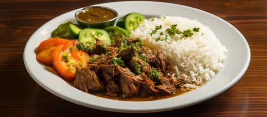 A white plate is presented with a serving of basmati rice, vegetables, and beef. The dish also includes Mulukhiyah soup as a flavorful addition.